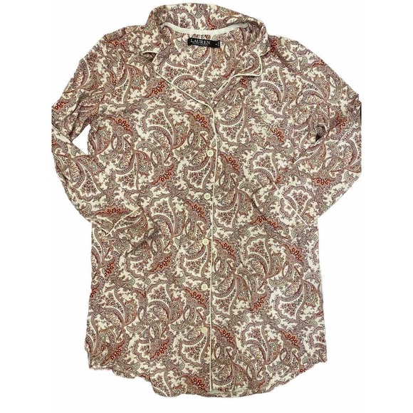 Ralph Lauren Cotton Gown Paisley Print Cream Red Green Women’s Medium Button - Picture 1 of 3